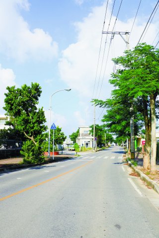 車両と子どもの接触事故も発生したことがあるという八重山農林高校東側の三差路＝21日、石垣市内